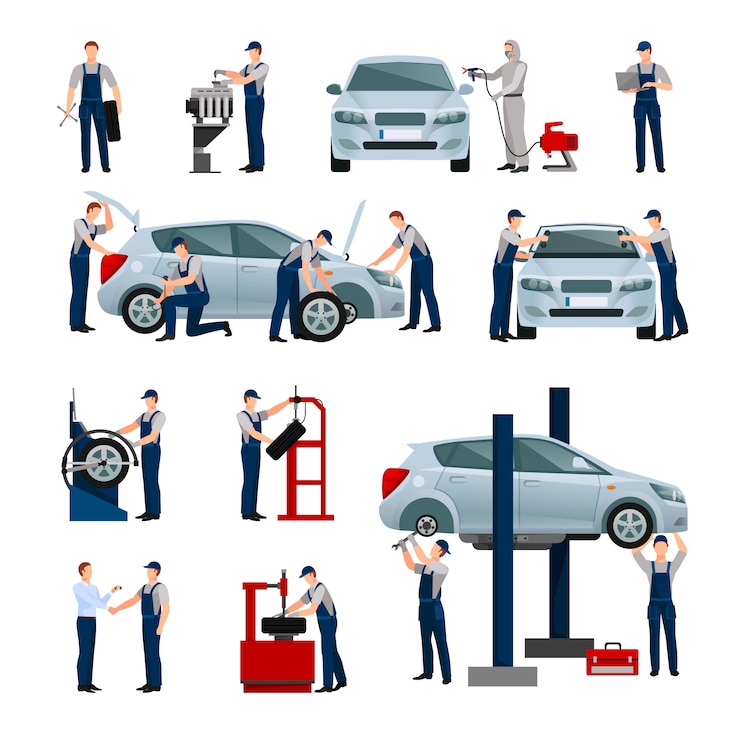 Vettore gratuito set di icone piane di diversi lavoratori in auto