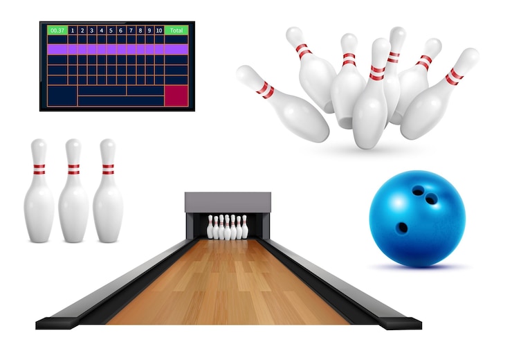 Vettore gratuito set di icone realistiche di bowling con immagini di birilli e tabella dei punteggi della classifica con illustrazione vettoriale di corsia