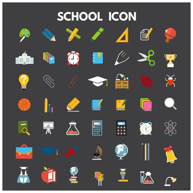 Set di icone scolastiche di scuola con gli studenti del computer portatile lavagna isolato illustrazione vettoriale