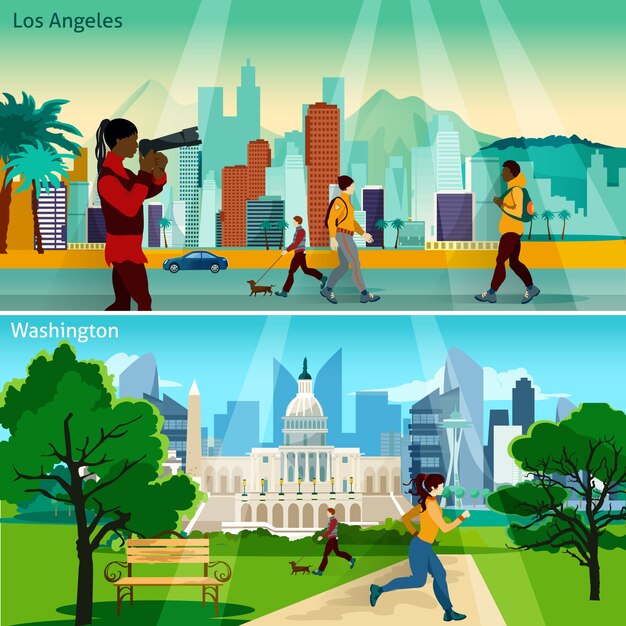 Set di illustrazione di paesaggi urbani americani