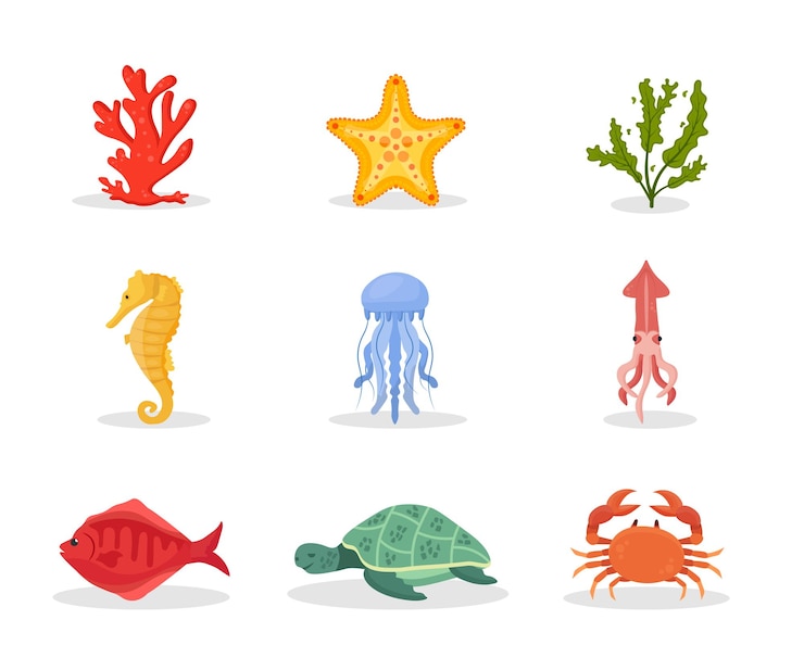 Vettore gratuito set di illustrazioni di natura subacquea stella di corallo e alghe esotiche flora e fauna di barriera corallina animali e piante acquatiche tropicali medusa cavalluccio marino e pesce calamaro tartaruga e granchio