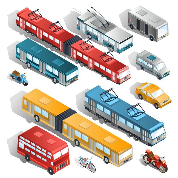 Set di illustrazioni isometriche vettoriali del trasporto urbano comunale