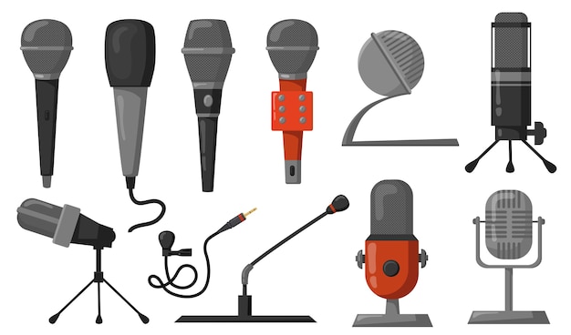 Set di illustrazioni piatte per microfoni. Attrezzatura da studio per podcast o registrazione o trasmissione musicale. Illustrazione vettoriale per tecnologia audio, comunicazione, concetto di prestazioni