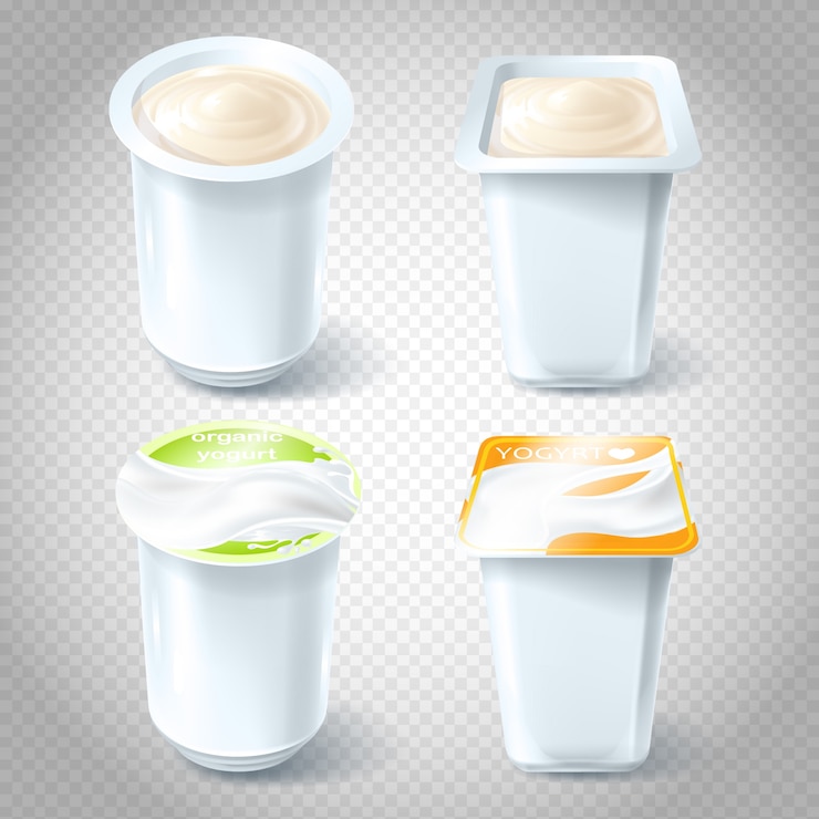 Vettore gratuito set di illustrazioni vettoriali di tazze di yogurt di plastica.