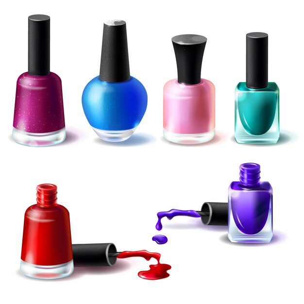 Set di illustrazioni vettoriali in bottiglie pulite stile realistico con smalto di diversi colori