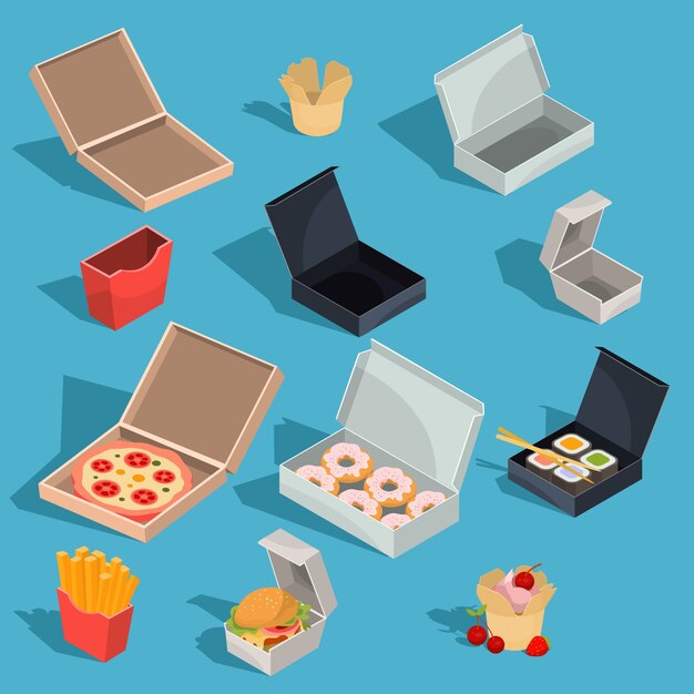 Set di illustrazioni vettoriali isometriche di pasto fast food in un imballaggio di cartone e scatole di cartone vuote