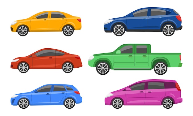 Set di illustrazioni vettoriali per auto di diversi tipi e colori. Disegni di auto, vista laterale di berlina, berlina, coupé, SUV, camioncino isolato su sfondo bianco. Trasporto, concetto di trasporto