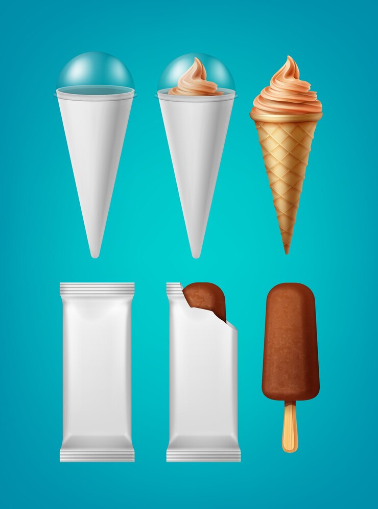 Vettore gratuito set di imballaggio per gelato a cono e gelato classico ghiacciolo isolato
