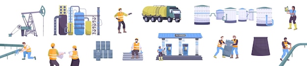 Set di industria petrolifera con simboli di raffineria di petrolio illustrazione vettoriale isolata piatta