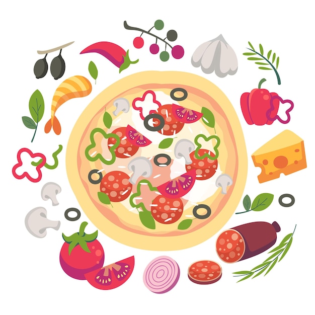Set di ingredienti per pizza in stile cartone animato Illustrazione vettoriale