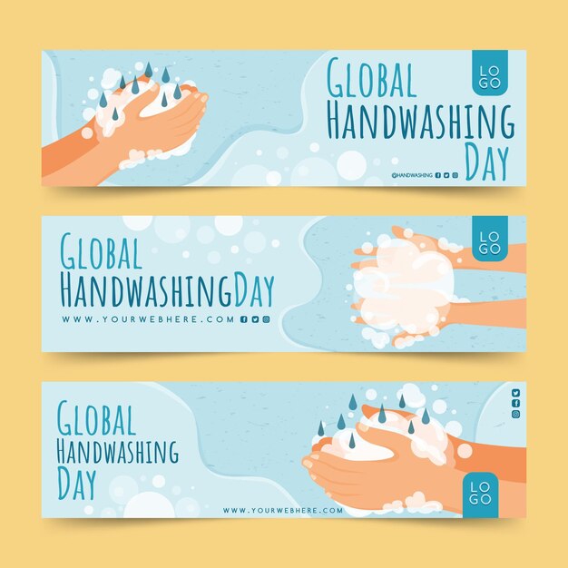 Set di insegne orizzontali piatte disegnate a mano per la giornata mondiale del lavaggio delle mani
