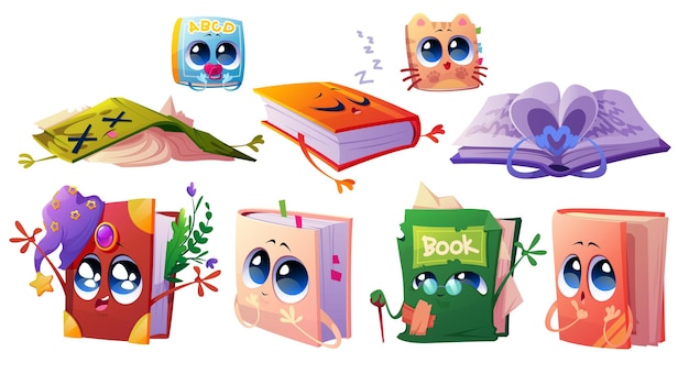 Set di libri di cartoni animati, personaggi con pagine strappate