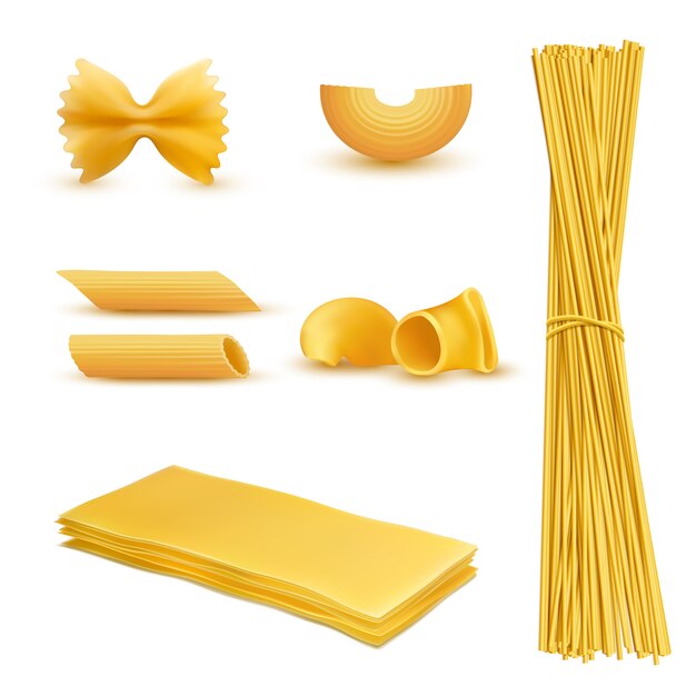 Set di maccheroni secchi in varie forme, pasta, lasagne, farfalle, spaghetti