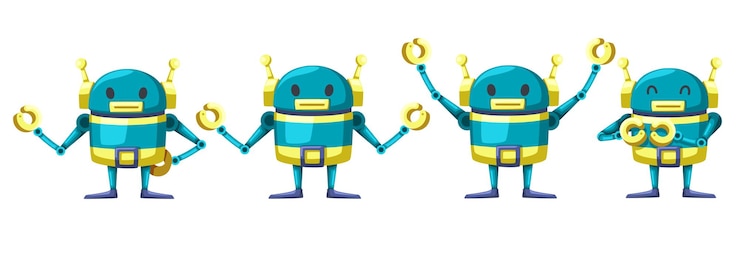 Vettore gratuito set di macchina futuristica in stile cartone animato robot personaggio android per uso industriale. isolato futuristico oggetti cibernetici tecnologia illustrazione isolata.