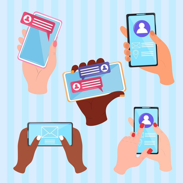 Vettore gratuito set di mani con smartphone