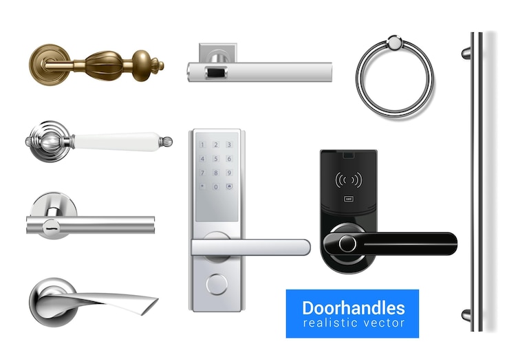 Vettore gratuito set di maniglie per porte isolate gestisce icone realistiche con immagini di maniglie digitali classiche e moderne illustrazione vettoriale