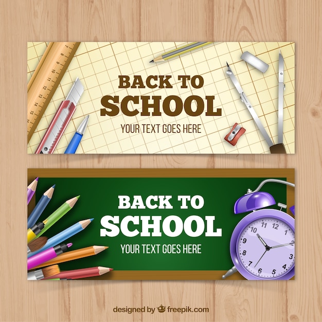 Set di materiale scolastico banner in uno stile realistico