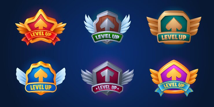 Vettore gratuito set di medaglie vettoriali per icone del distintivo del gioco dell'interfaccia utente per salire di livello design della ricompensa del trofeo d'oro per i risultati del casinò con nastro e freccia etichetta dell'interfaccia gui dell'app arcade con illustrazione del fumetto popup dello scudo
