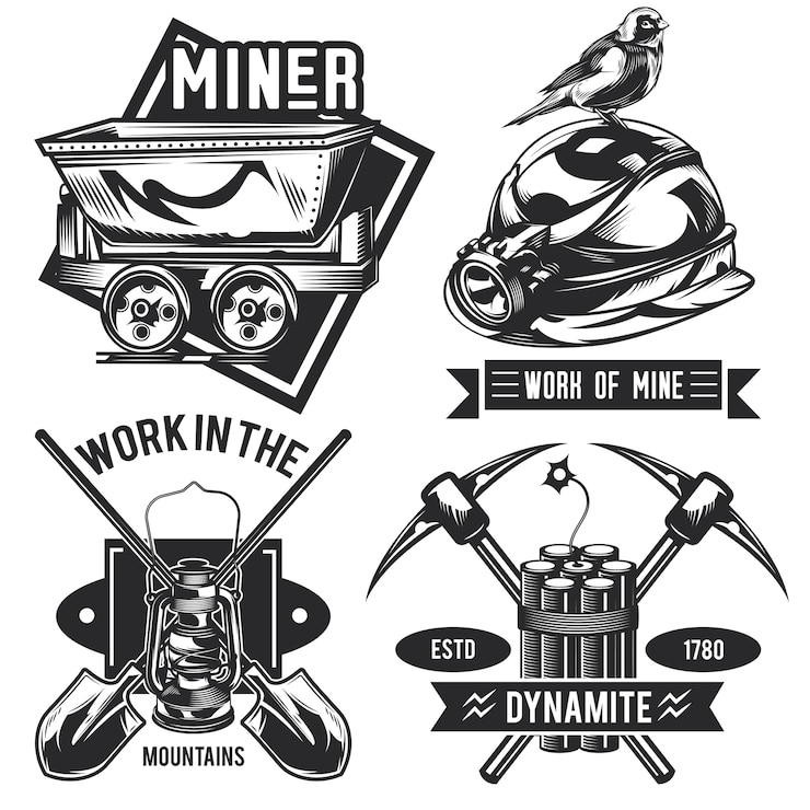 Vettore gratuito set di minatore emblemi, etichette, distintivi, loghi.