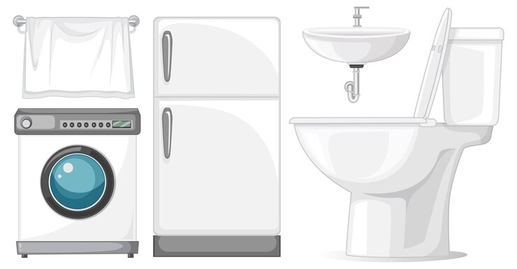 Vettore gratuito set di mobili da toilette per l'interior design su sfondo bianco