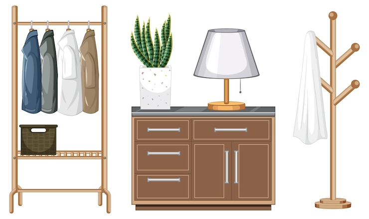 Vettore gratuito set di mobili per l'interior design della cabina armadio su sfondo bianco