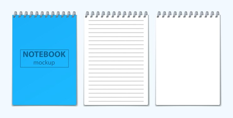 Vettore gratuito set di mockup di notebook aperto e chiuso con viste realistiche di notebook capovolto con illustrazione vettoriale della copertina e delle pagine