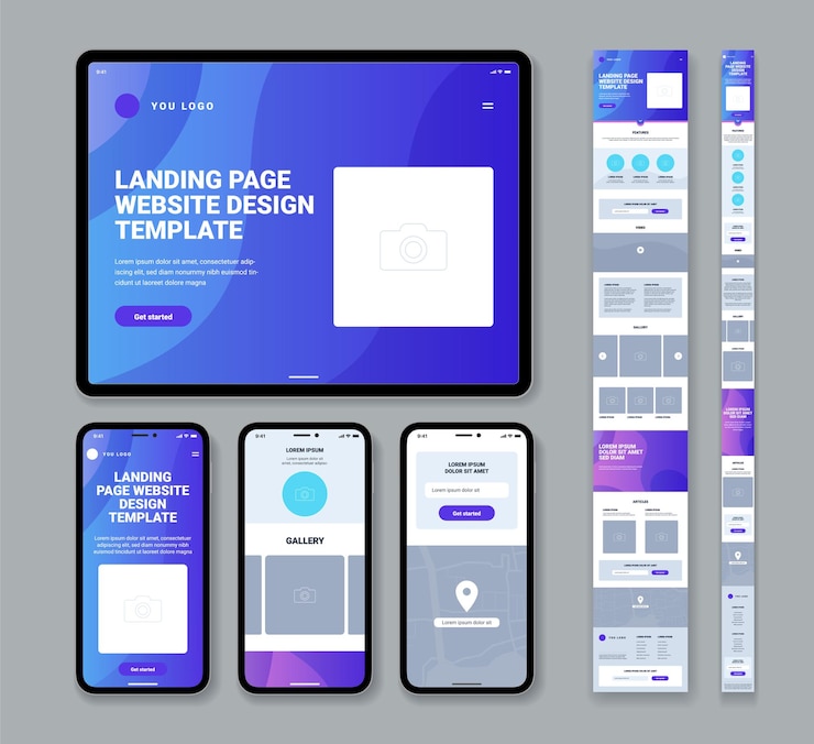Vettore gratuito set di modelli di progettazione della pagina di destinazione del sito web moderno per telefono cellulare o tablet con articoli della galleria modulo di contatto illustrazione piatta isolata
