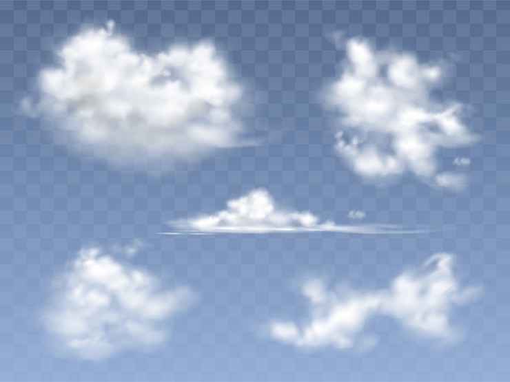 Set di nuvole realistiche, illustrazione di diversi tipi di cirri e cumuli