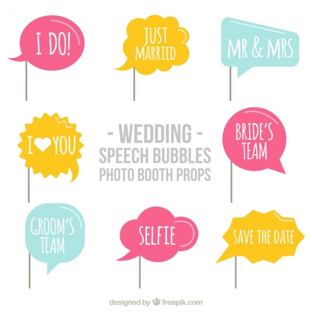 Vettore gratuito set di palloncini di dialogo con messaggi di nozze per photo booth