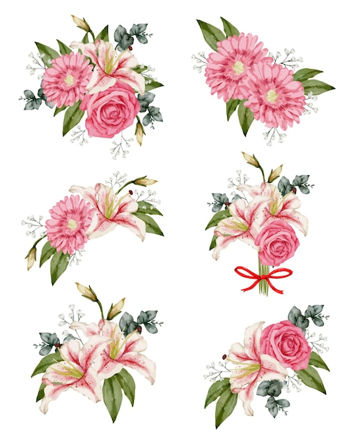 Set di parti separate e riunire un bellissimo bouquet di fiori in stile acquarello su sfondo bianco illustrazione vettoriale