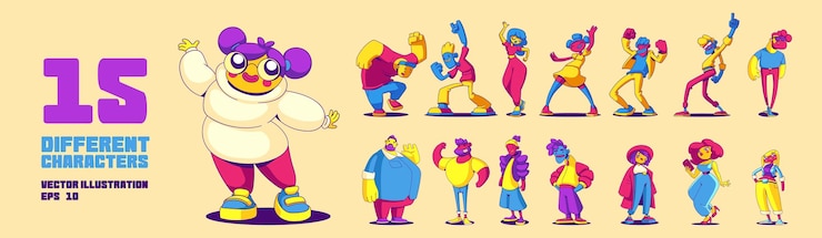 Vettore gratuito set di personaggi contemporanei felici e divertenti