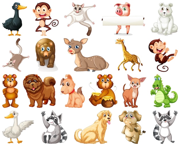 Set di personaggi dei cartoni animati degli animali