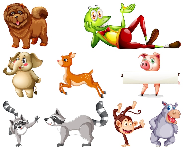 Vettore gratuito set di personaggi dei cartoni animati degli animali