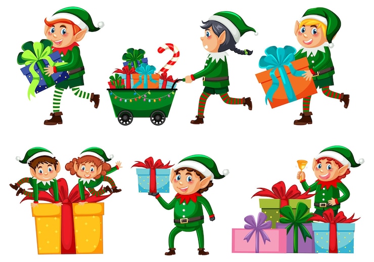 Vettore gratuito set di personaggi dei cartoni animati dell'elfo di natale