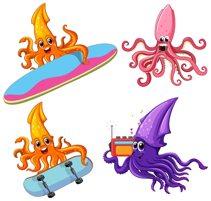 Vettore gratuito set di personaggi dei cartoni animati di calamari