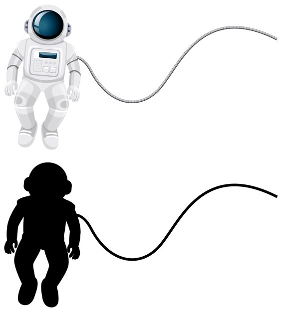 Set di personaggi di astronauta e la sua silhouette su sfondo bianco