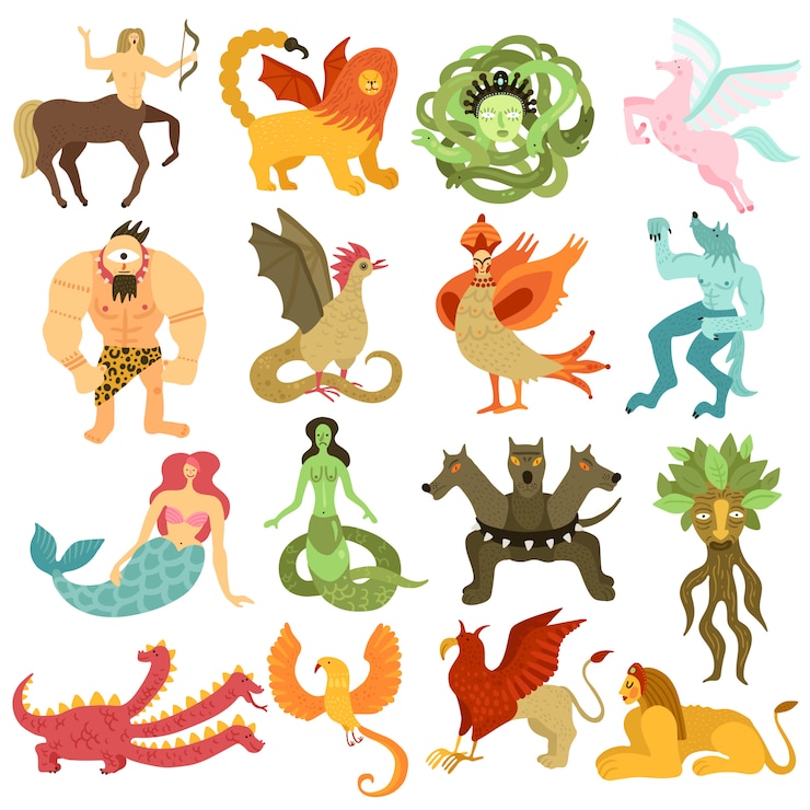 Vettore gratuito set di personaggi mitici creature colorate