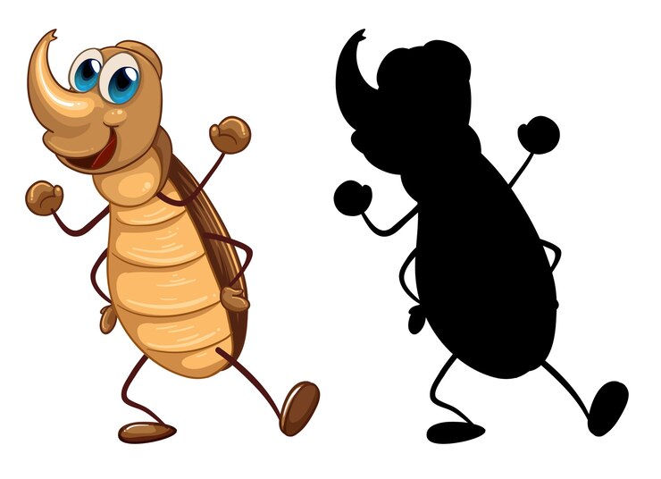 Vettore gratuito set di personaggio dei cartoni animati di insetti e la sua silhouette su sfondo bianco
