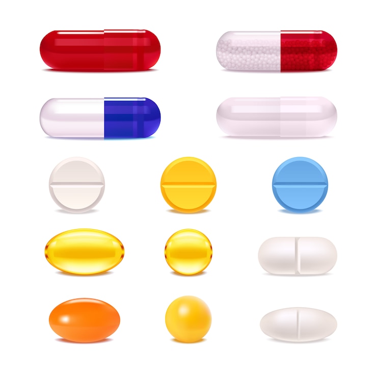 Vettore gratuito set di pillole e capsule colorate medicina