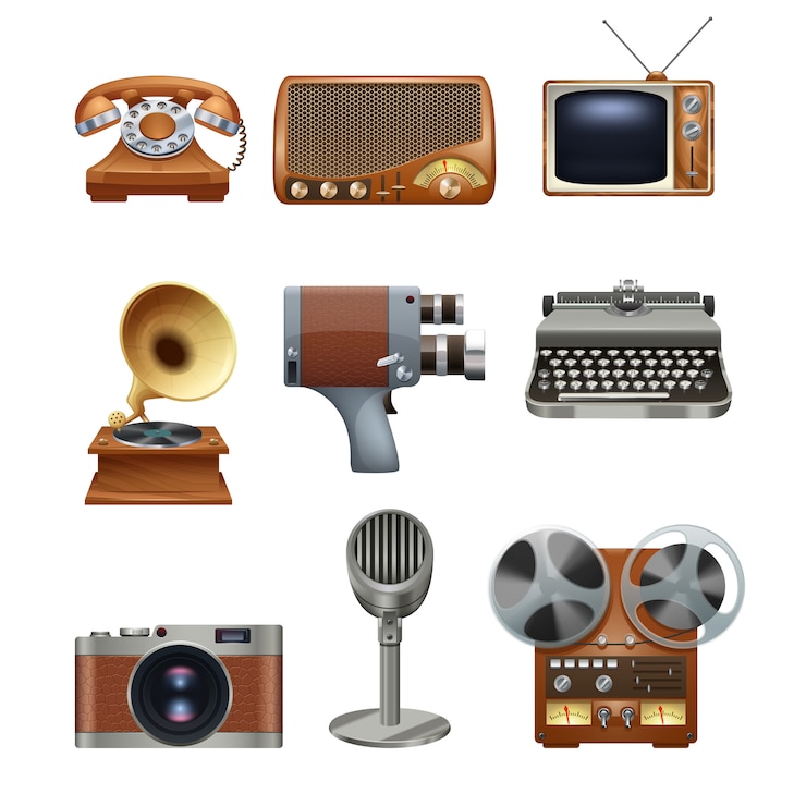 Vettore gratuito set di pittogrammi di dispositivi vintage retrò