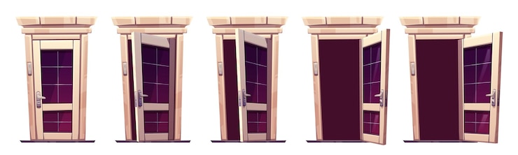 Vettore gratuito set di porte anteriori in legno classiche aperte e chiuse