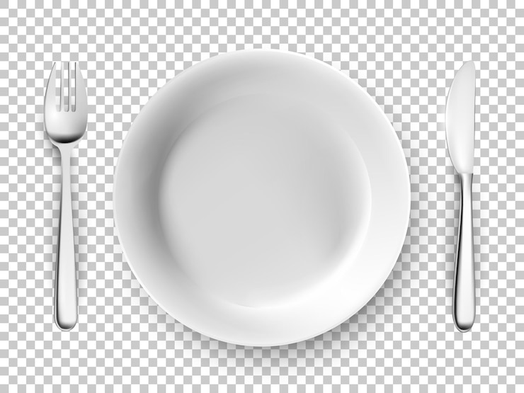 Vettore gratuito set di posate da tavola con coltello a forchetta e piatto bianco piatti vuoti per cena colazione o pranzo isolati su sfondo trasparente