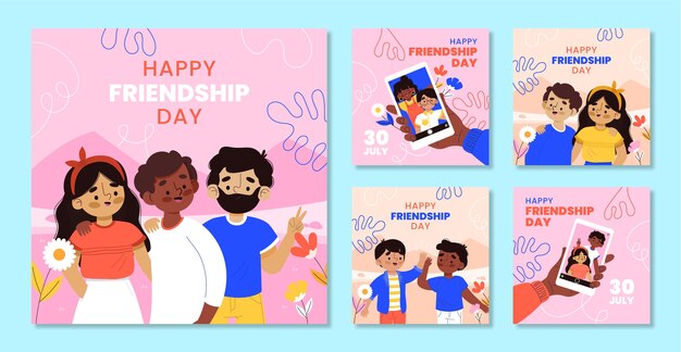 Set di post instagram del giorno dell'amicizia disegnato a mano