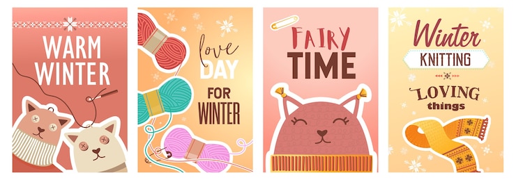 Vettore gratuito set di poster di maglieria invernale. perni e filati, giocattoli a maglia e illustrazioni vettoriali di stoffa con testo. concetto di hobby fatto a mano per la progettazione di volantini e opuscoli di negozi di artigianato