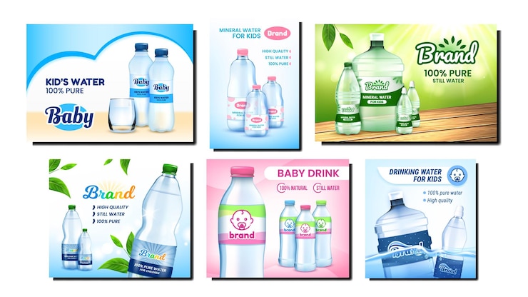 Vettore gratuito set di poster per la promozione dell'acqua per bambini