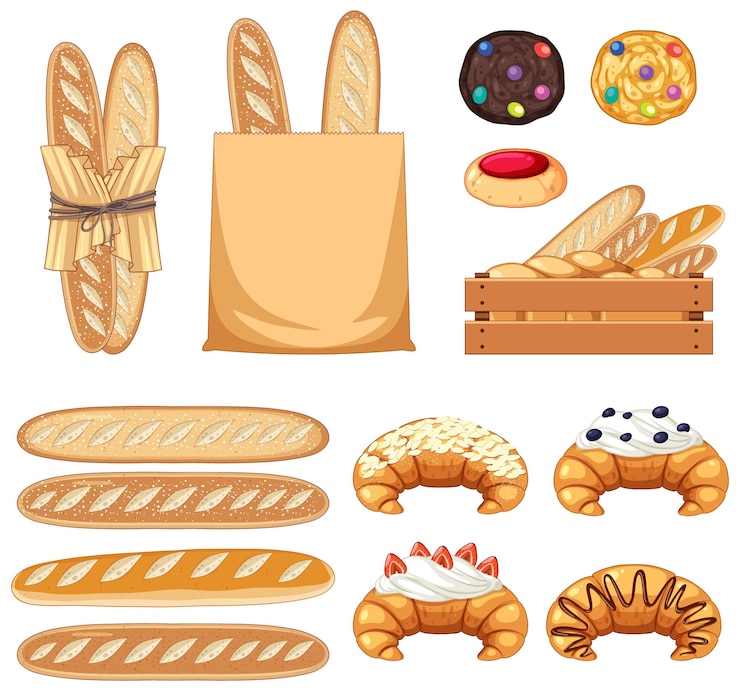 Vettore gratuito set di prodotti da forno pane e pasticceria