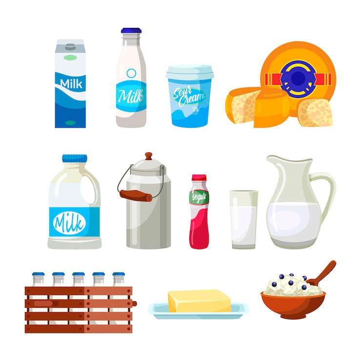 Vettore gratuito set di prodotti lattiero-caseari isolato su sfondo bianco latte fresco e pastorizzato in diverse confezioni formaggio e ricotta yogurt panna acida milkporridge con burro di frutti di bosco