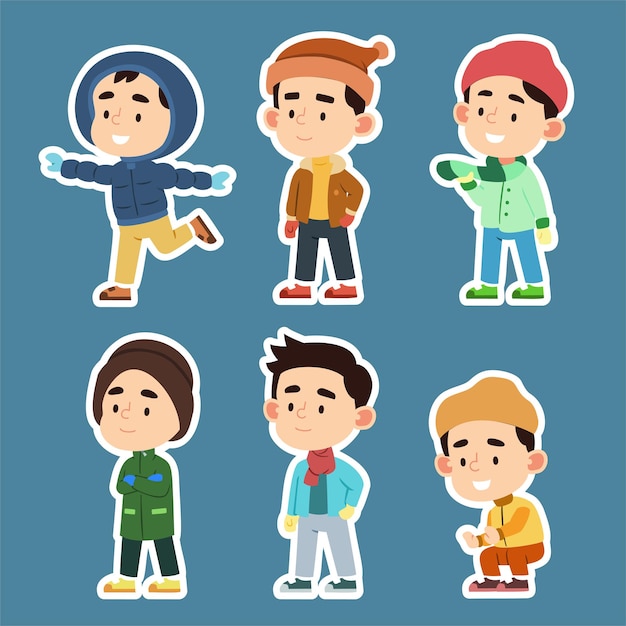 Set di ragazzo adorabile con vari costumi sul vettore del fumetto di stagione invernale