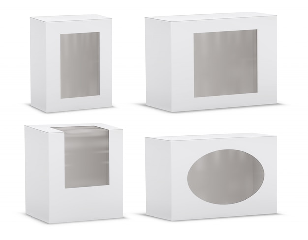 Set di scatole di cartone vuote realistiche con finestre trasparenti