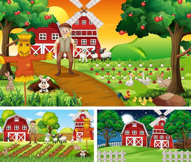 Set di scene di fattoria in momenti diversi